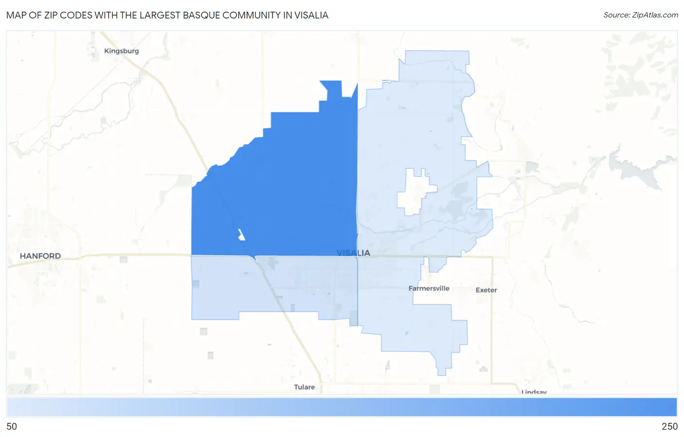 Zip Codes with the Largest Basque Community in Visalia Map