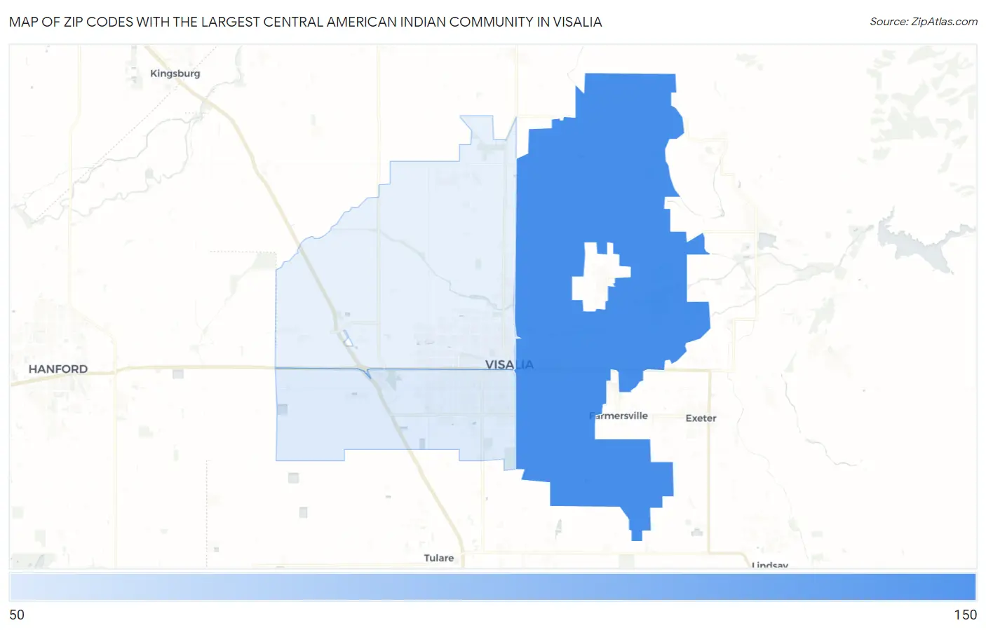 Zip Codes with the Largest Central American Indian Community in Visalia Map