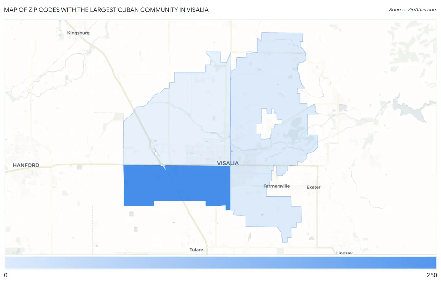 Zip Codes with the Largest Cuban Community in Visalia Map