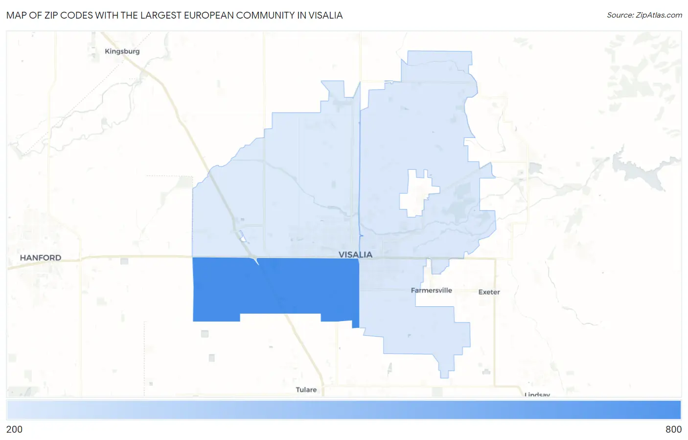 Zip Codes with the Largest European Community in Visalia Map