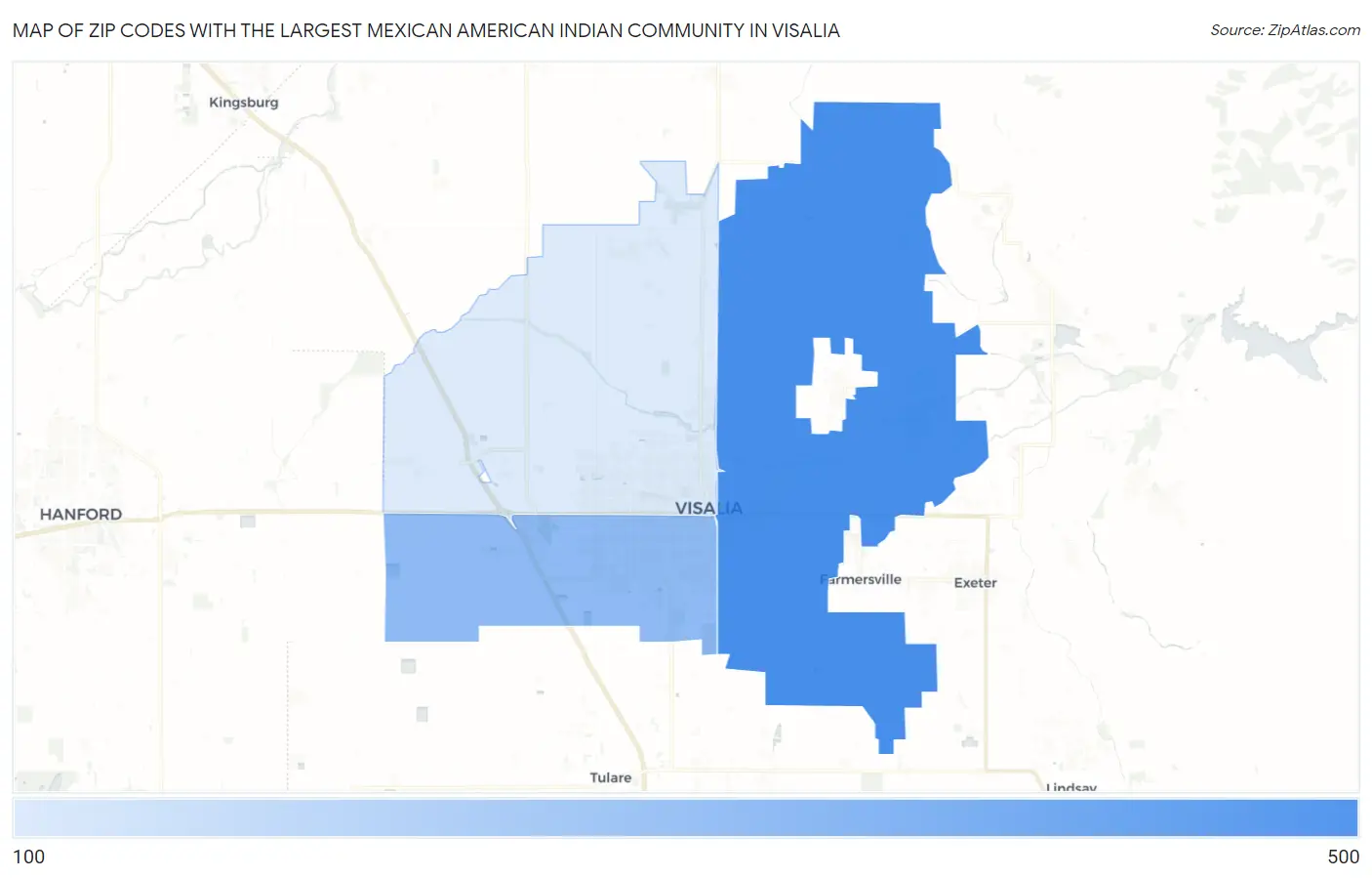 Zip Codes with the Largest Mexican American Indian Community in Visalia Map