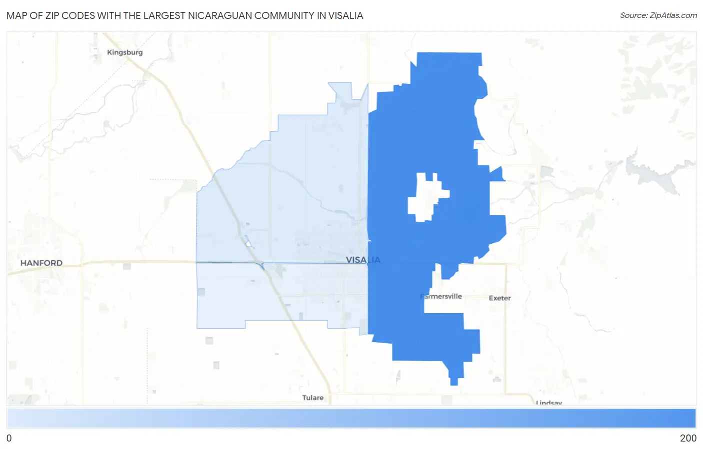 Zip Codes with the Largest Nicaraguan Community in Visalia Map