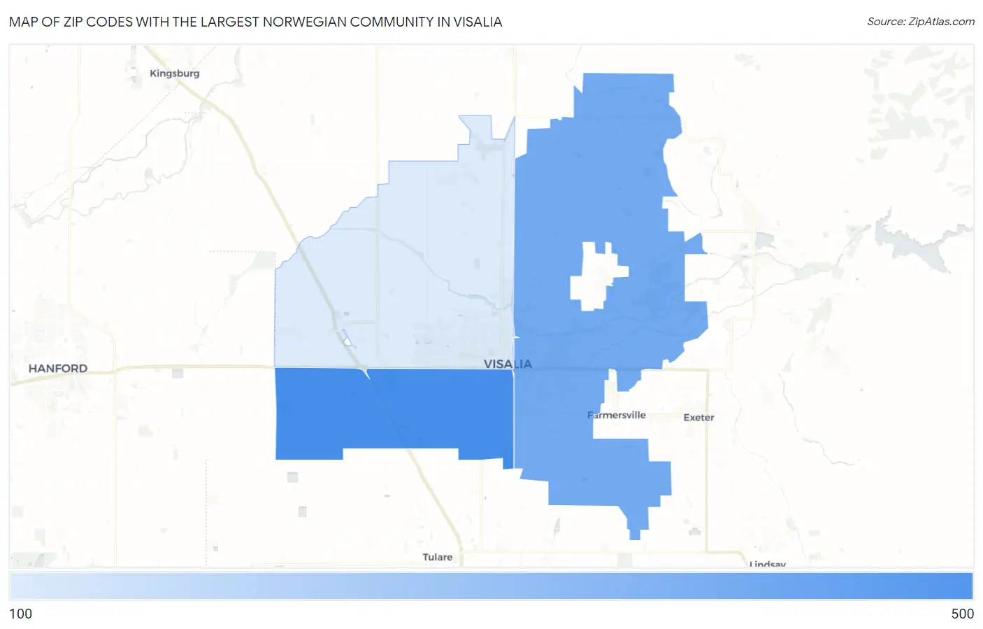 Zip Codes with the Largest Norwegian Community in Visalia Map