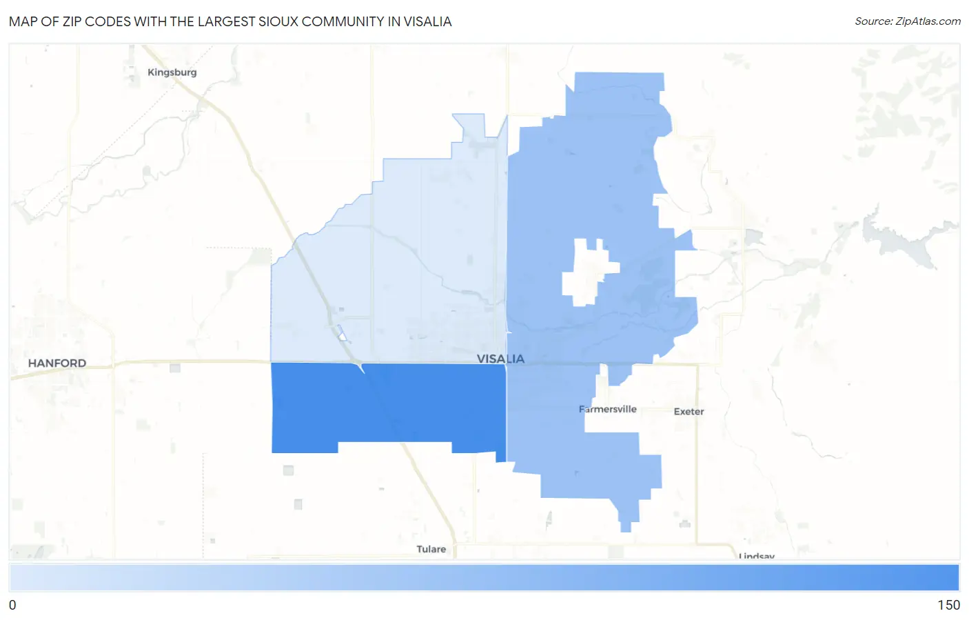 Zip Codes with the Largest Sioux Community in Visalia Map