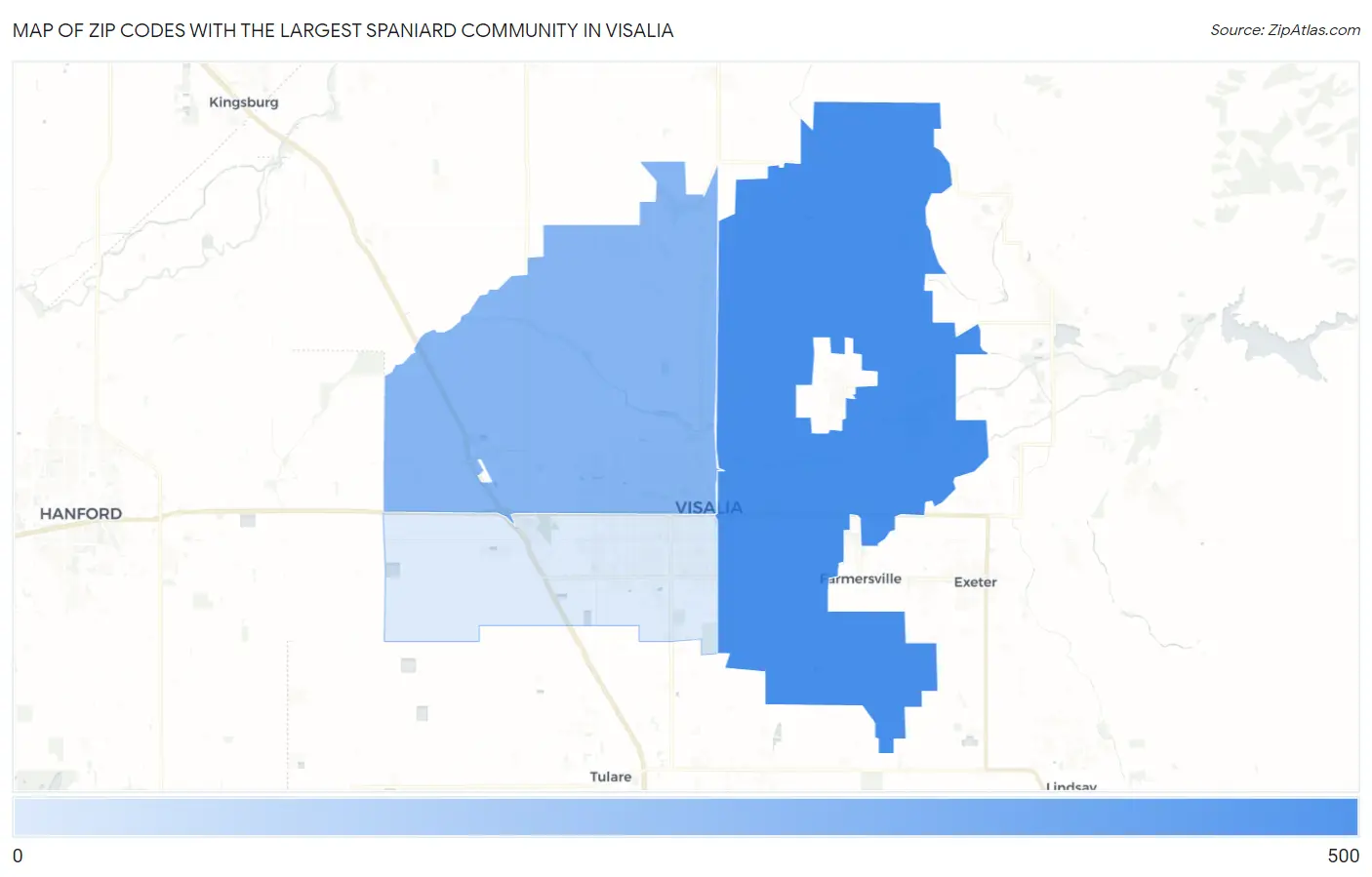 Zip Codes with the Largest Spaniard Community in Visalia Map
