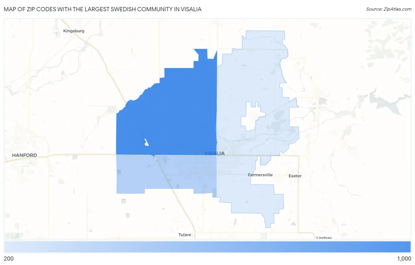 Zip Codes with the Largest Swedish Community in Visalia Map
