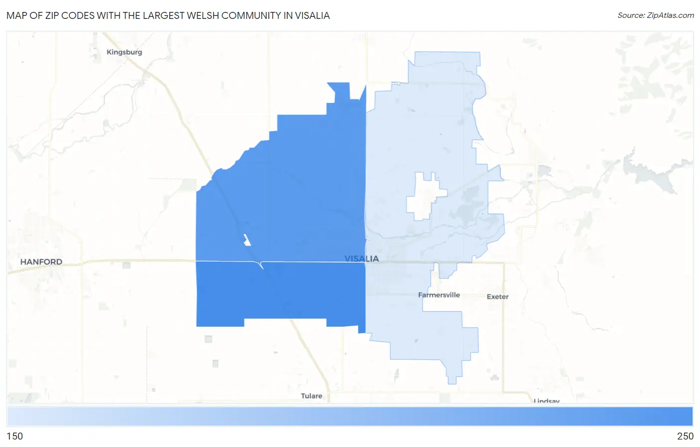 Zip Codes with the Largest Welsh Community in Visalia Map