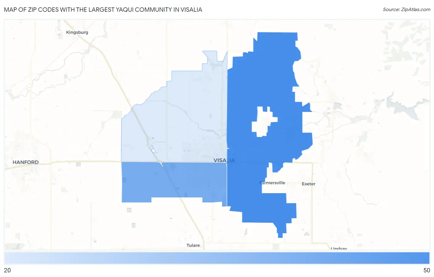 Zip Codes with the Largest Yaqui Community in Visalia Map