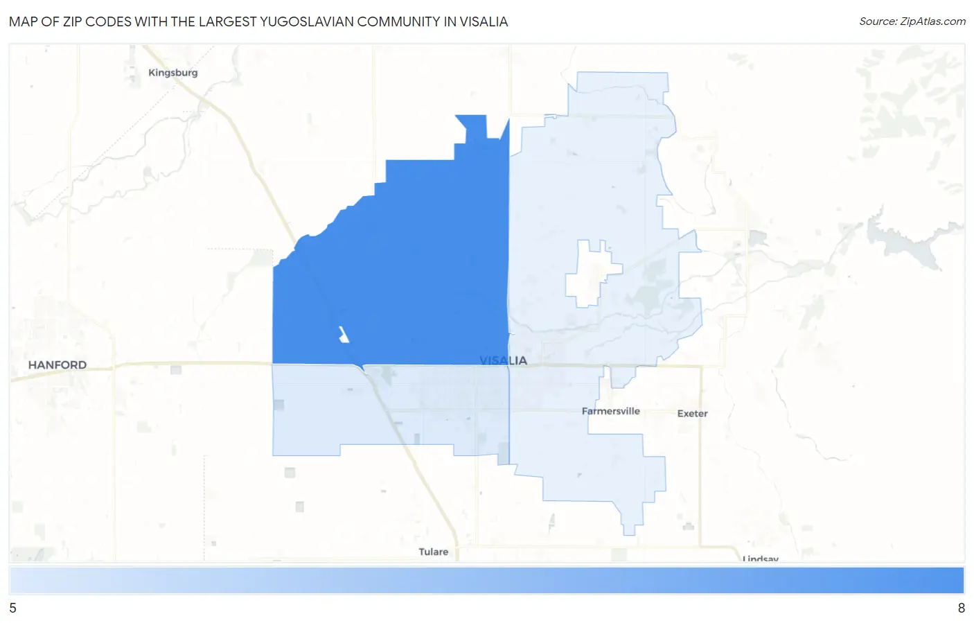 Zip Codes with the Largest Yugoslavian Community in Visalia Map