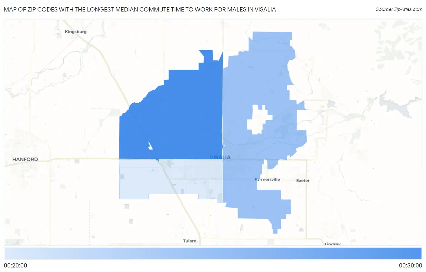Zip Codes with the Longest Median Commute Time to Work for Males in Visalia Map