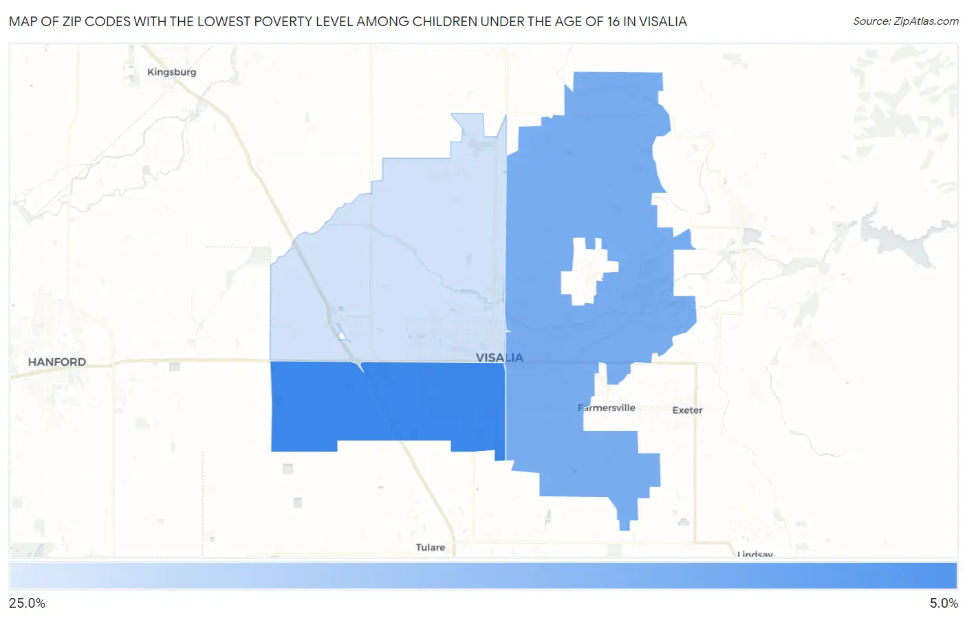 Zip Codes with the Lowest Poverty Level Among Children Under the Age of 16 in Visalia Map