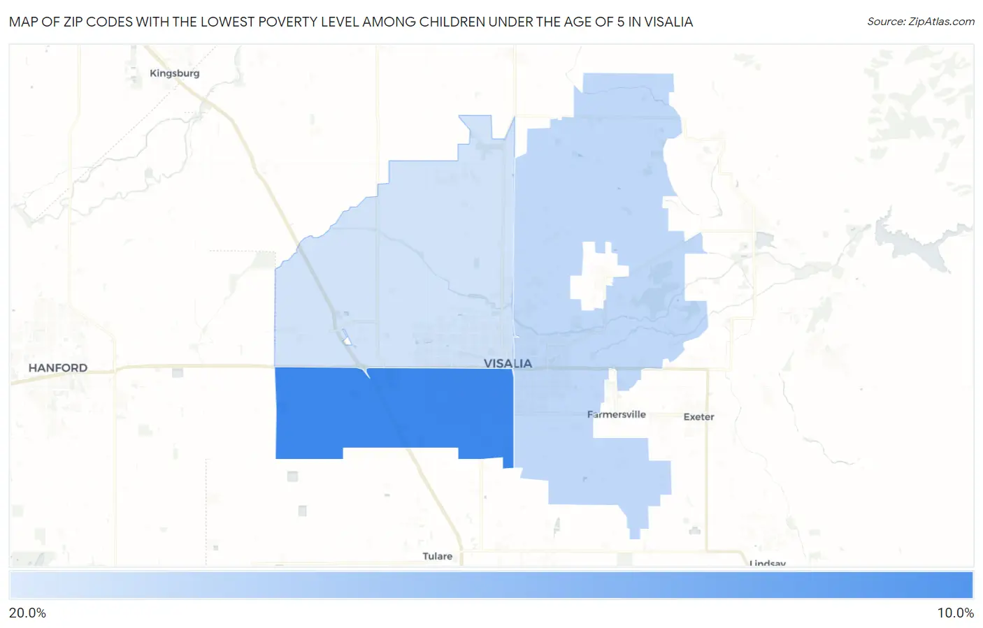 Zip Codes with the Lowest Poverty Level Among Children Under the Age of 5 in Visalia Map