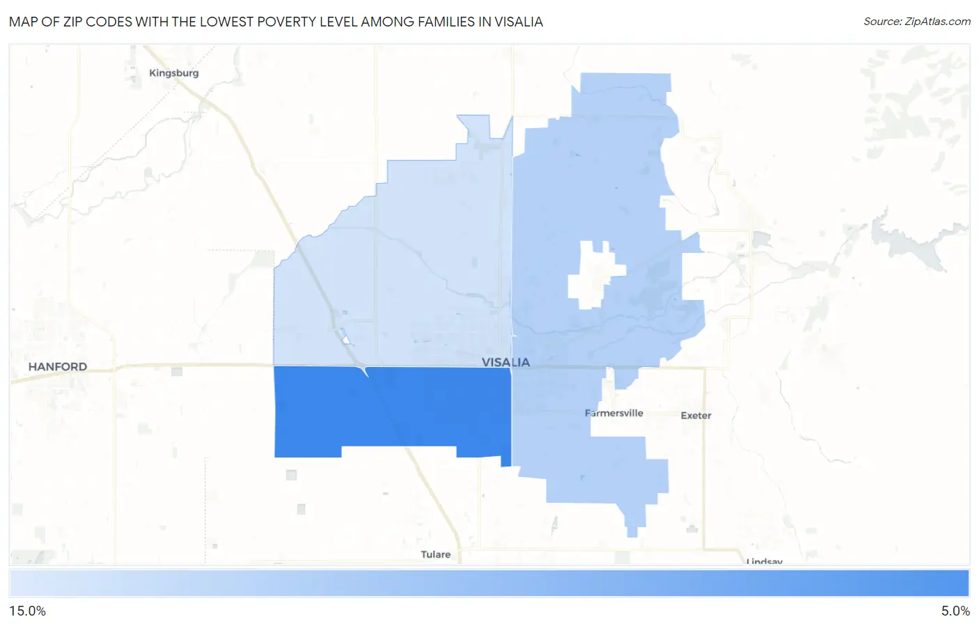 Zip Codes with the Lowest Poverty Level Among Families in Visalia Map