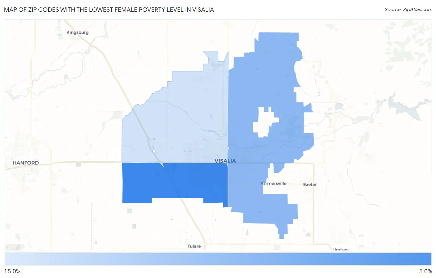 Zip Codes with the Lowest Female Poverty Level in Visalia Map