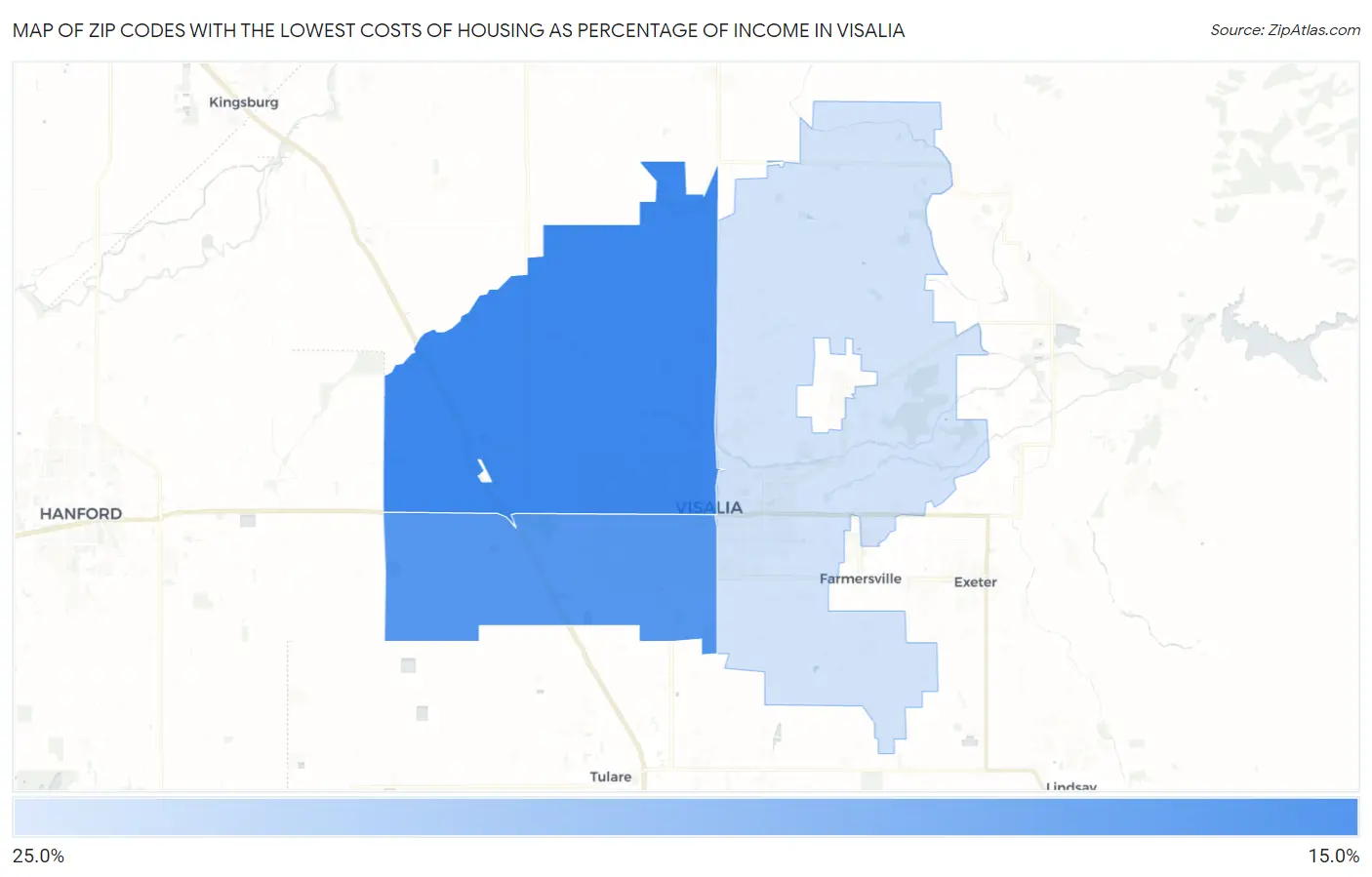 Zip Codes with the Lowest Costs of Housing as Percentage of Income in Visalia Map