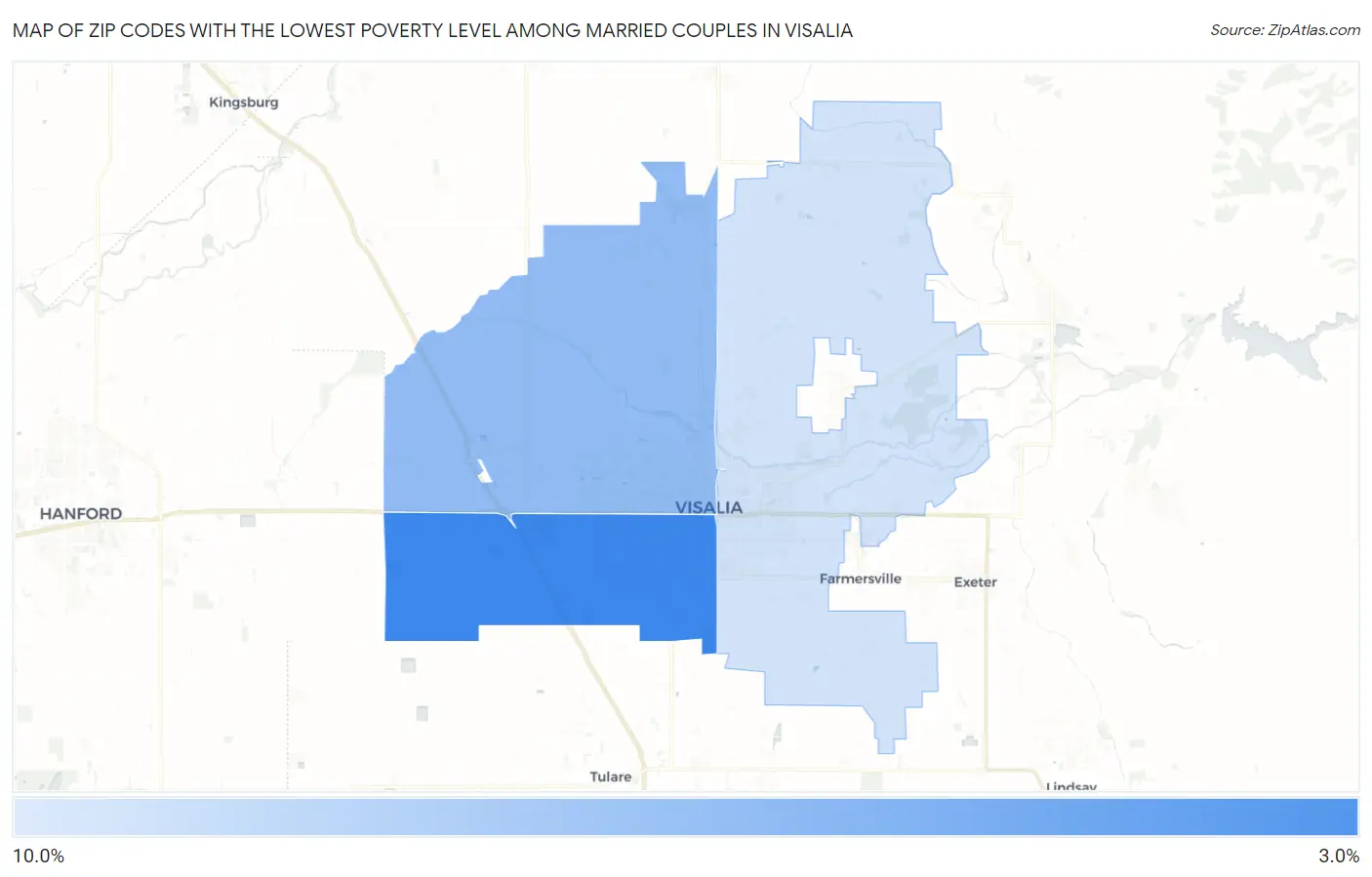 Zip Codes with the Lowest Poverty Level Among Married Couples in Visalia Map