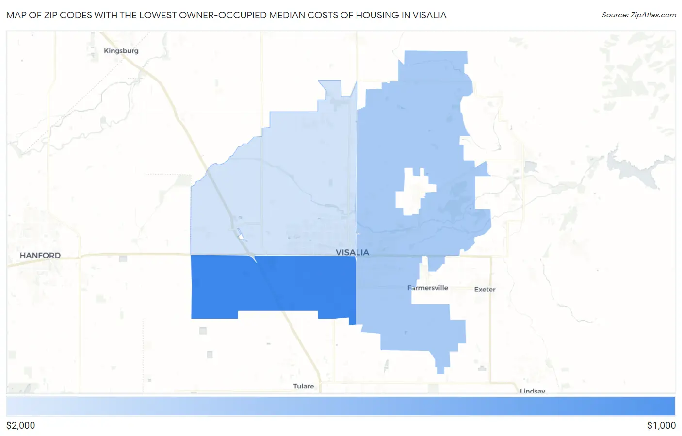 Zip Codes with the Lowest Owner-Occupied Median Costs of Housing in Visalia Map