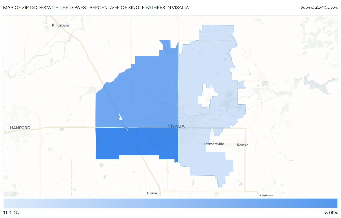 Zip Codes with the Lowest Percentage of Single Fathers in Visalia Map
