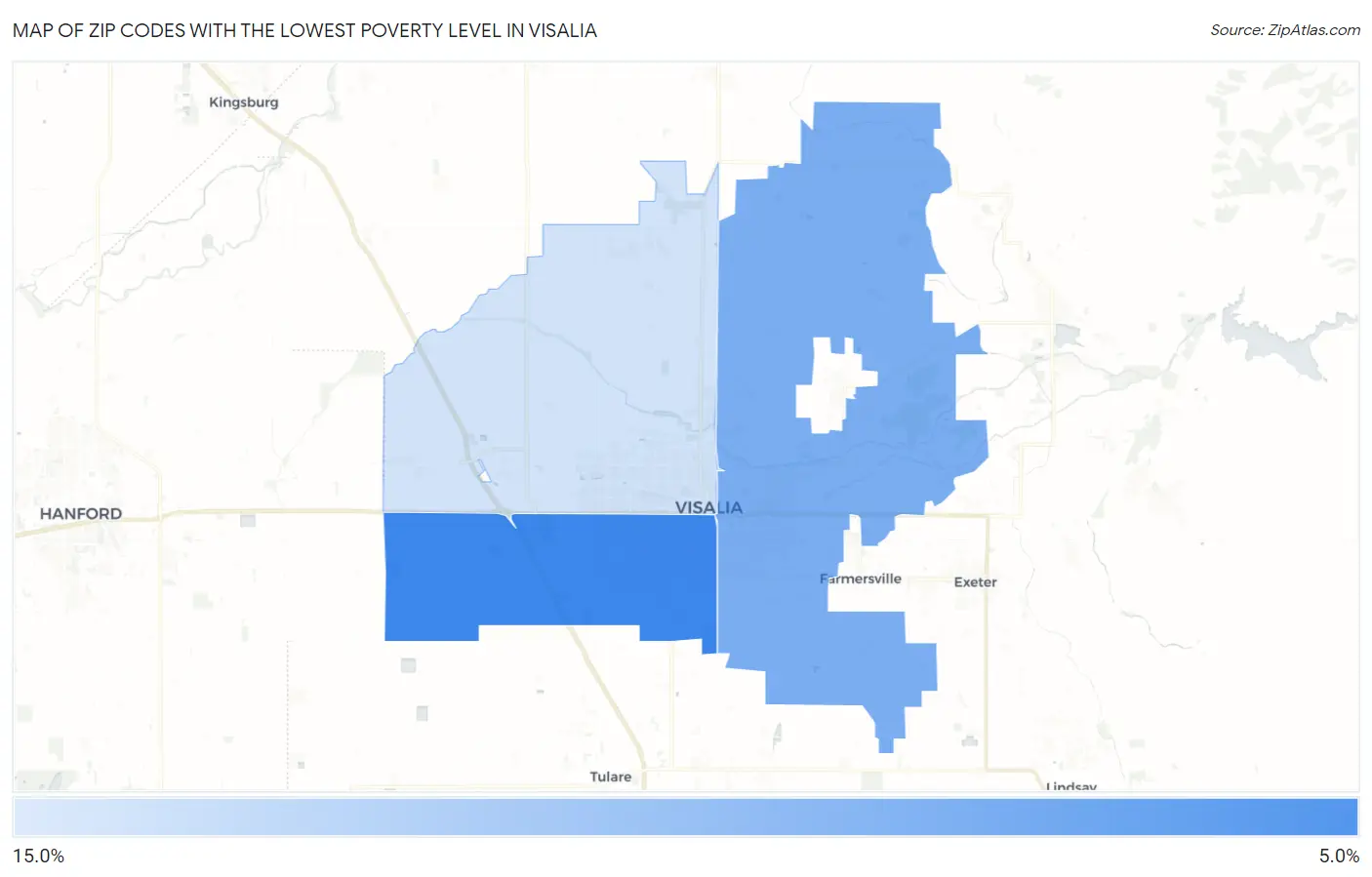 Zip Codes with the Lowest Poverty Level in Visalia Map