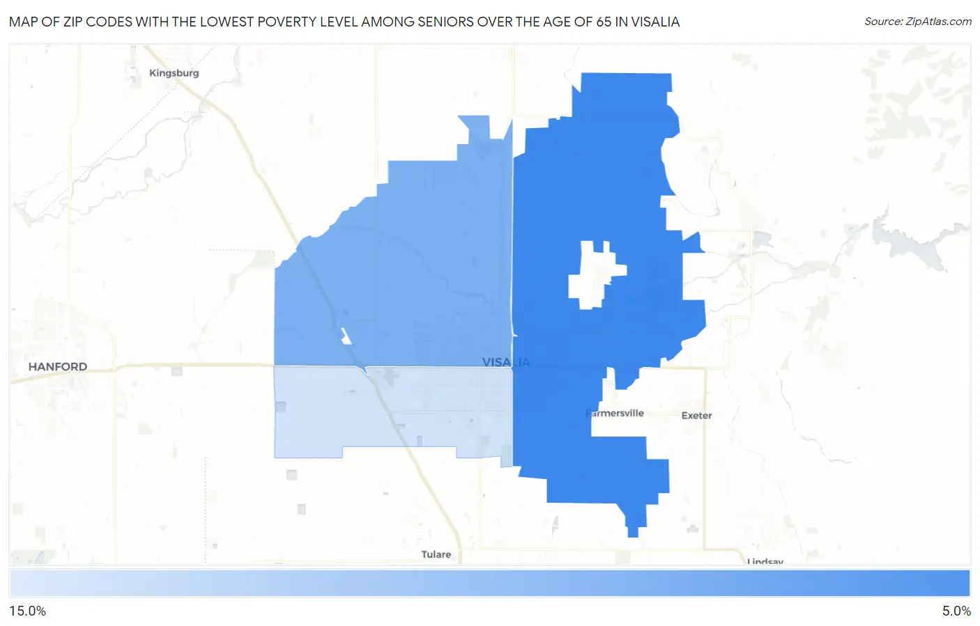 Zip Codes with the Lowest Poverty Level Among Seniors Over the Age of 65 in Visalia Map