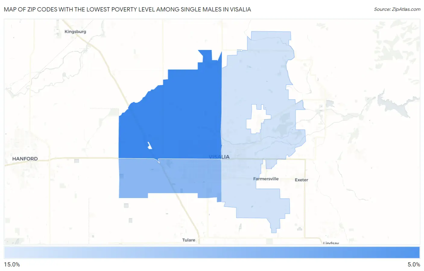 Zip Codes with the Lowest Poverty Level Among Single Males in Visalia Map