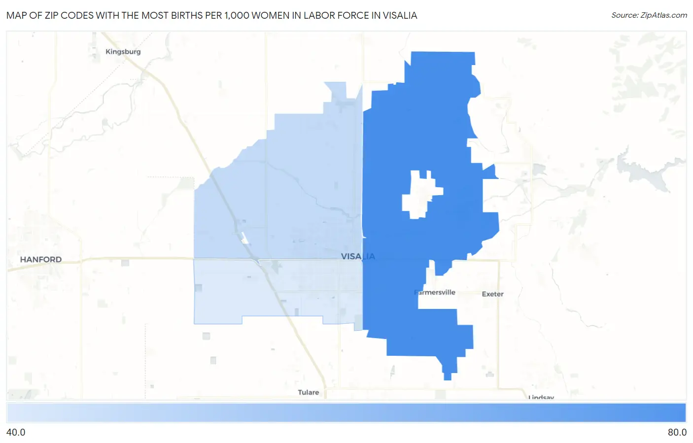 Zip Codes with the Most Births per 1,000 Women in Labor Force in Visalia Map