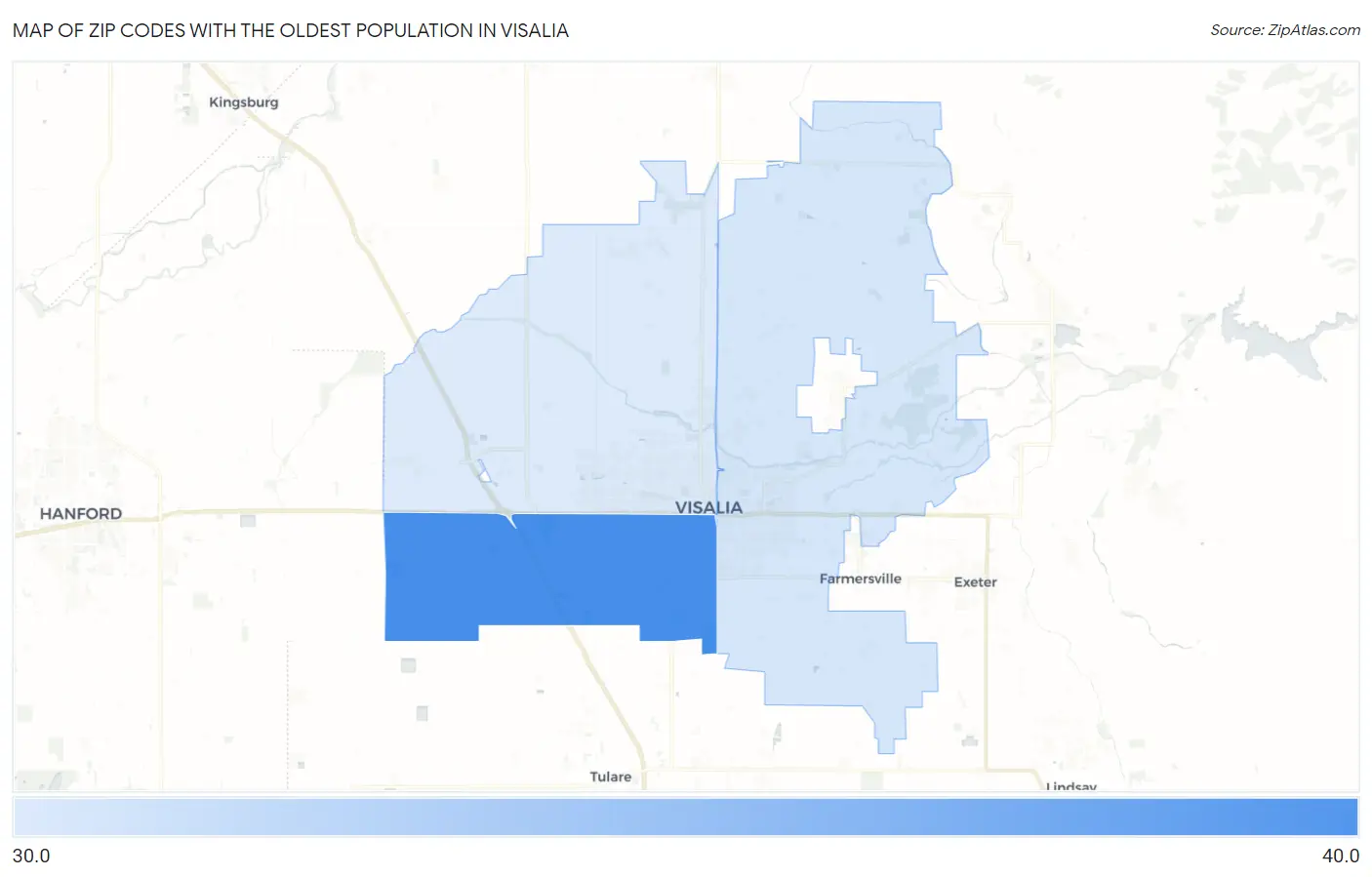 Zip Codes with the Oldest Population in Visalia Map