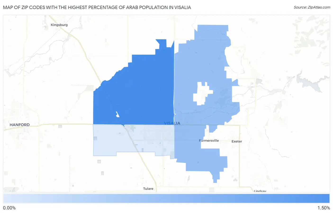 Zip Codes with the Highest Percentage of Arab Population in Visalia Map