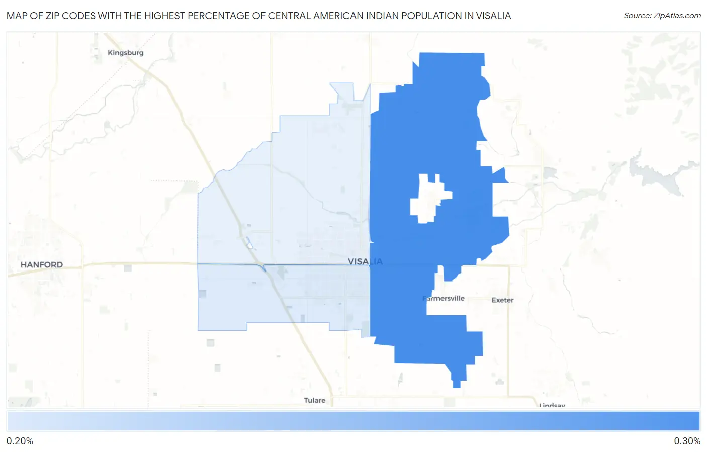 Zip Codes with the Highest Percentage of Central American Indian Population in Visalia Map