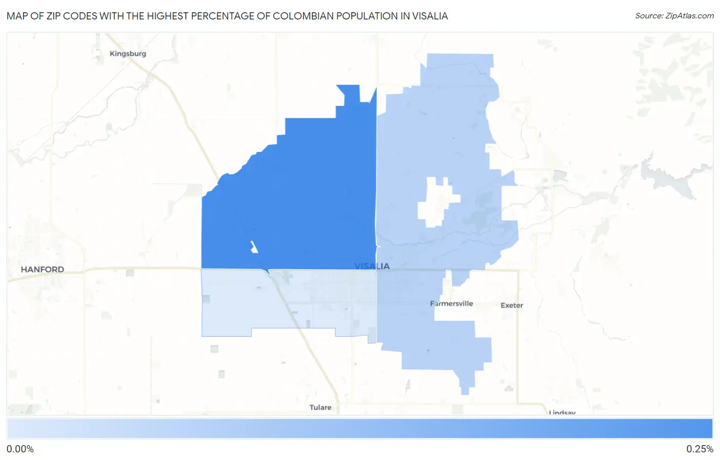 Zip Codes with the Highest Percentage of Colombian Population in Visalia Map