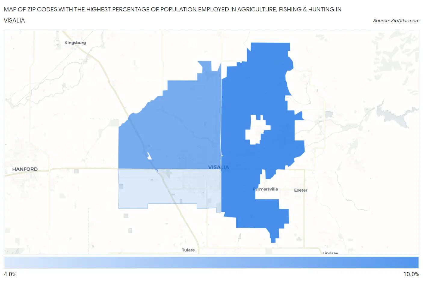 Zip Codes with the Highest Percentage of Population Employed in Agriculture, Fishing & Hunting in Visalia Map