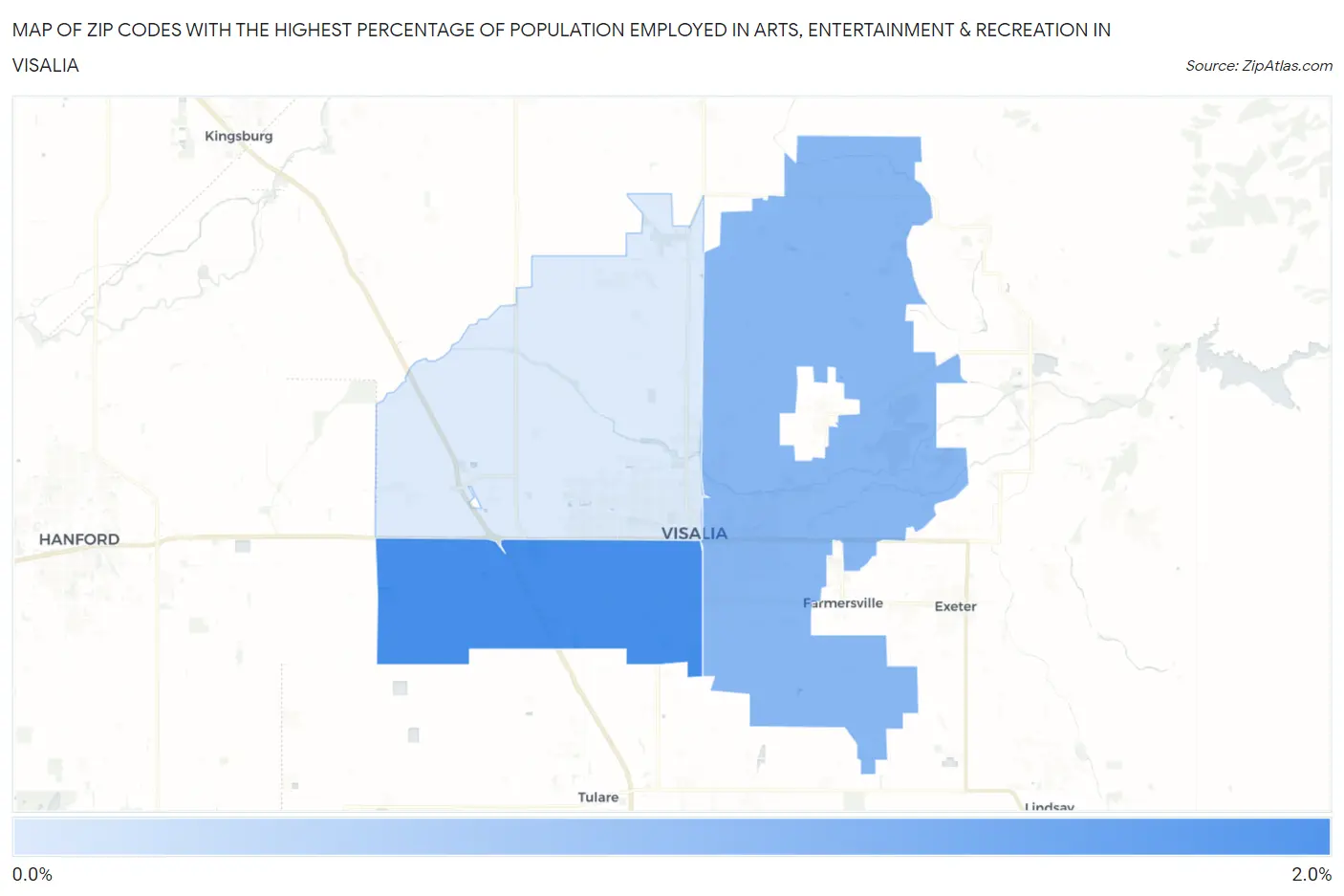 Zip Codes with the Highest Percentage of Population Employed in Arts, Entertainment & Recreation in Visalia Map