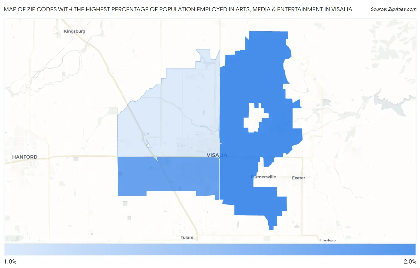 Zip Codes with the Highest Percentage of Population Employed in Arts, Media & Entertainment in Visalia Map