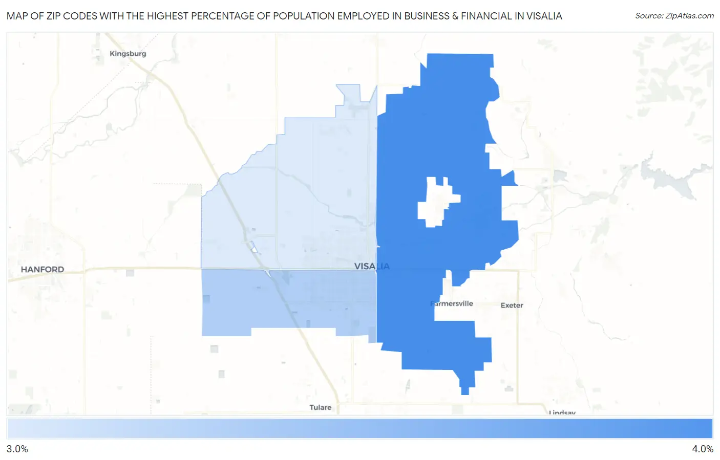 Zip Codes with the Highest Percentage of Population Employed in Business & Financial in Visalia Map