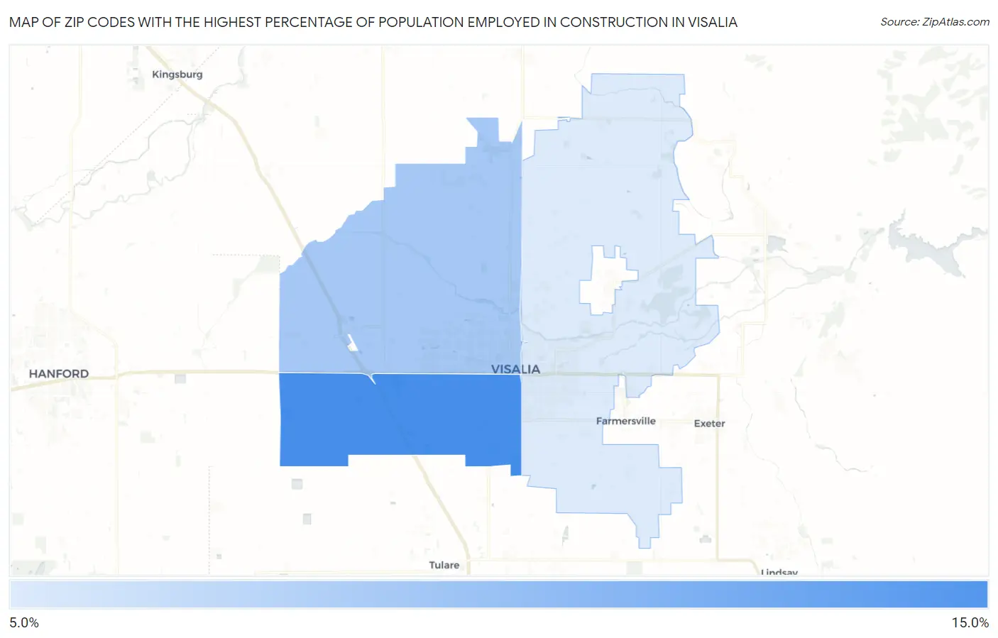 Zip Codes with the Highest Percentage of Population Employed in Construction in Visalia Map