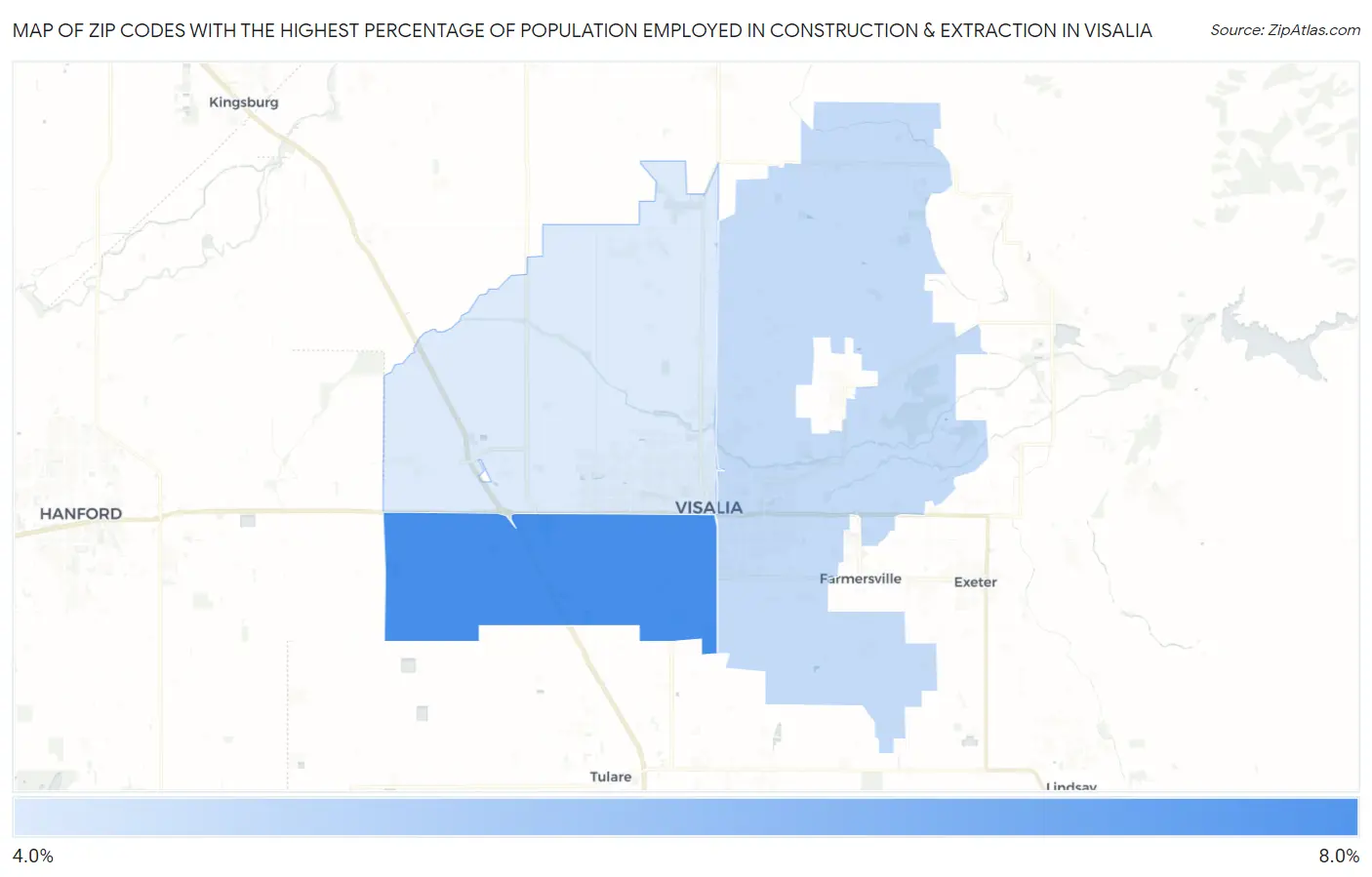 Zip Codes with the Highest Percentage of Population Employed in Construction & Extraction in Visalia Map