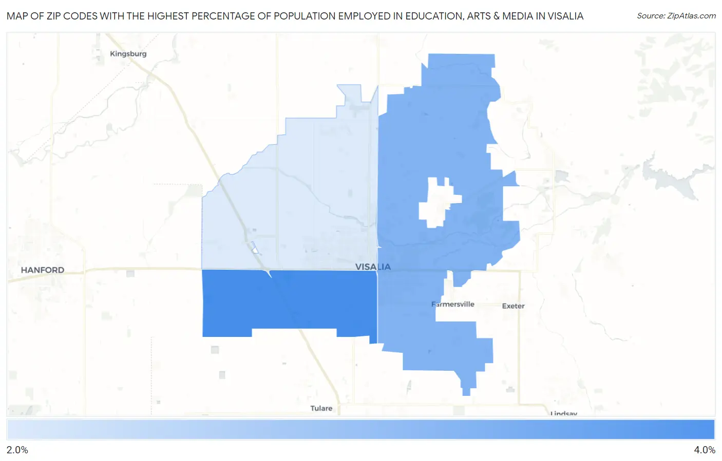 Zip Codes with the Highest Percentage of Population Employed in Education, Arts & Media in Visalia Map