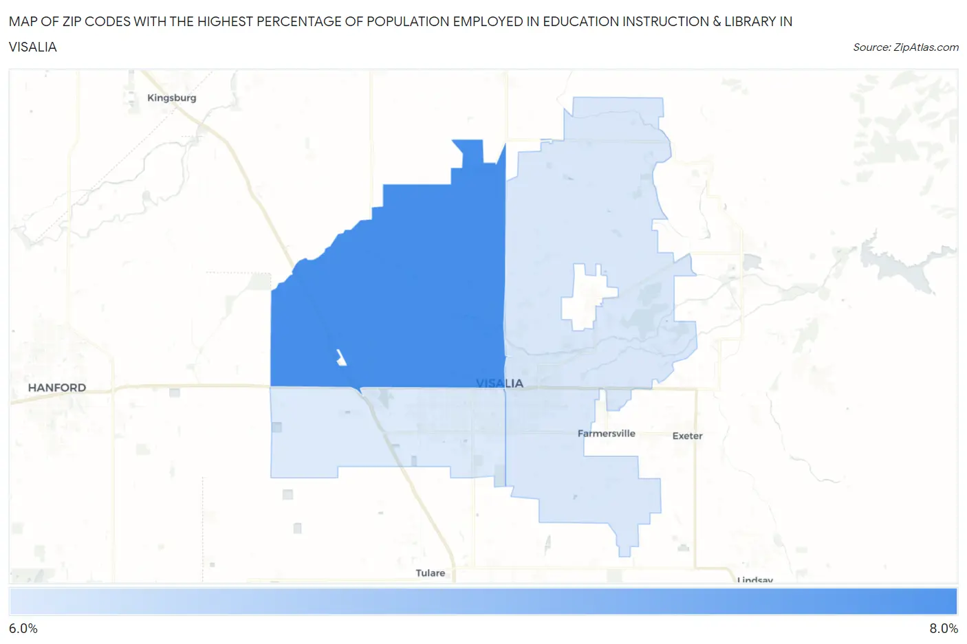 Zip Codes with the Highest Percentage of Population Employed in Education Instruction & Library in Visalia Map