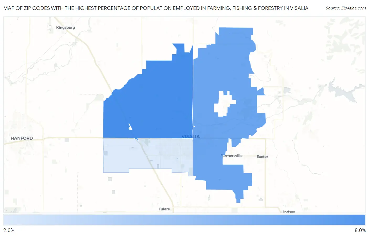Zip Codes with the Highest Percentage of Population Employed in Farming, Fishing & Forestry in Visalia Map