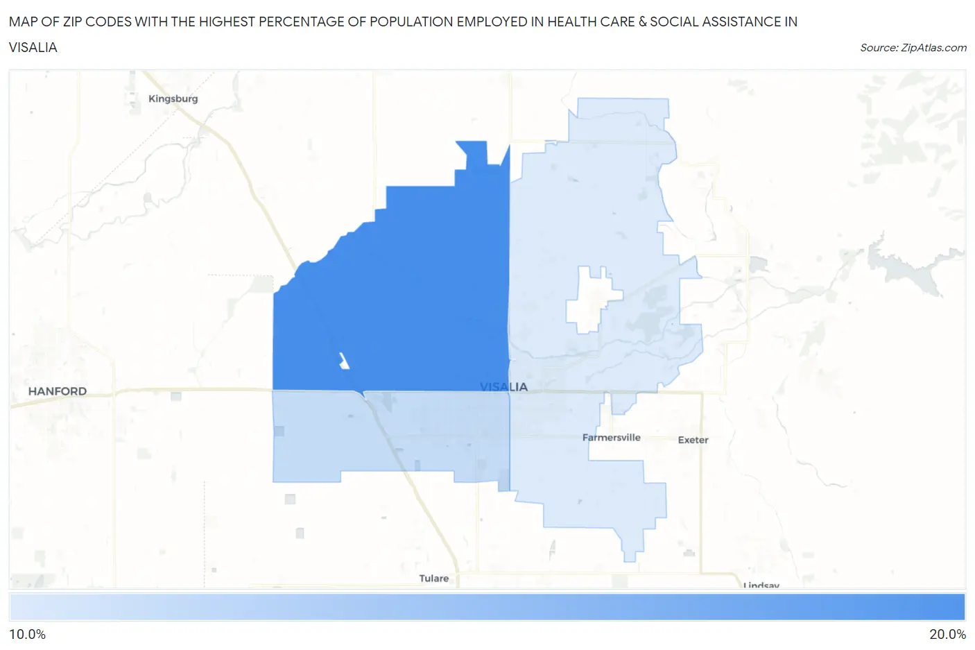 Zip Codes with the Highest Percentage of Population Employed in Health Care & Social Assistance in Visalia Map