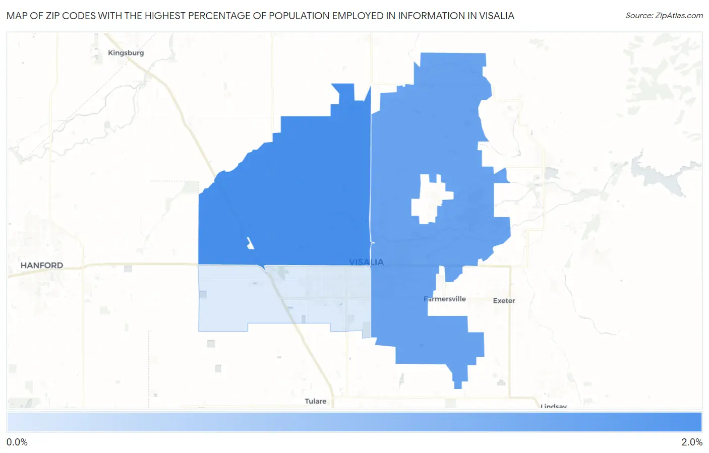 Zip Codes with the Highest Percentage of Population Employed in Information in Visalia Map