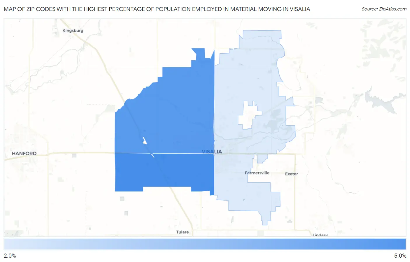 Zip Codes with the Highest Percentage of Population Employed in Material Moving in Visalia Map