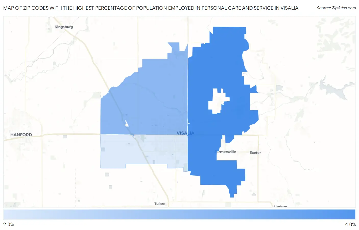 Zip Codes with the Highest Percentage of Population Employed in Personal Care and Service in Visalia Map