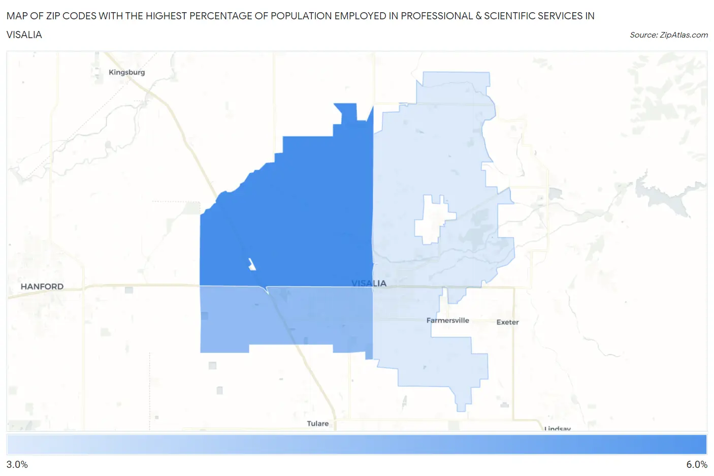 Zip Codes with the Highest Percentage of Population Employed in Professional & Scientific Services in Visalia Map