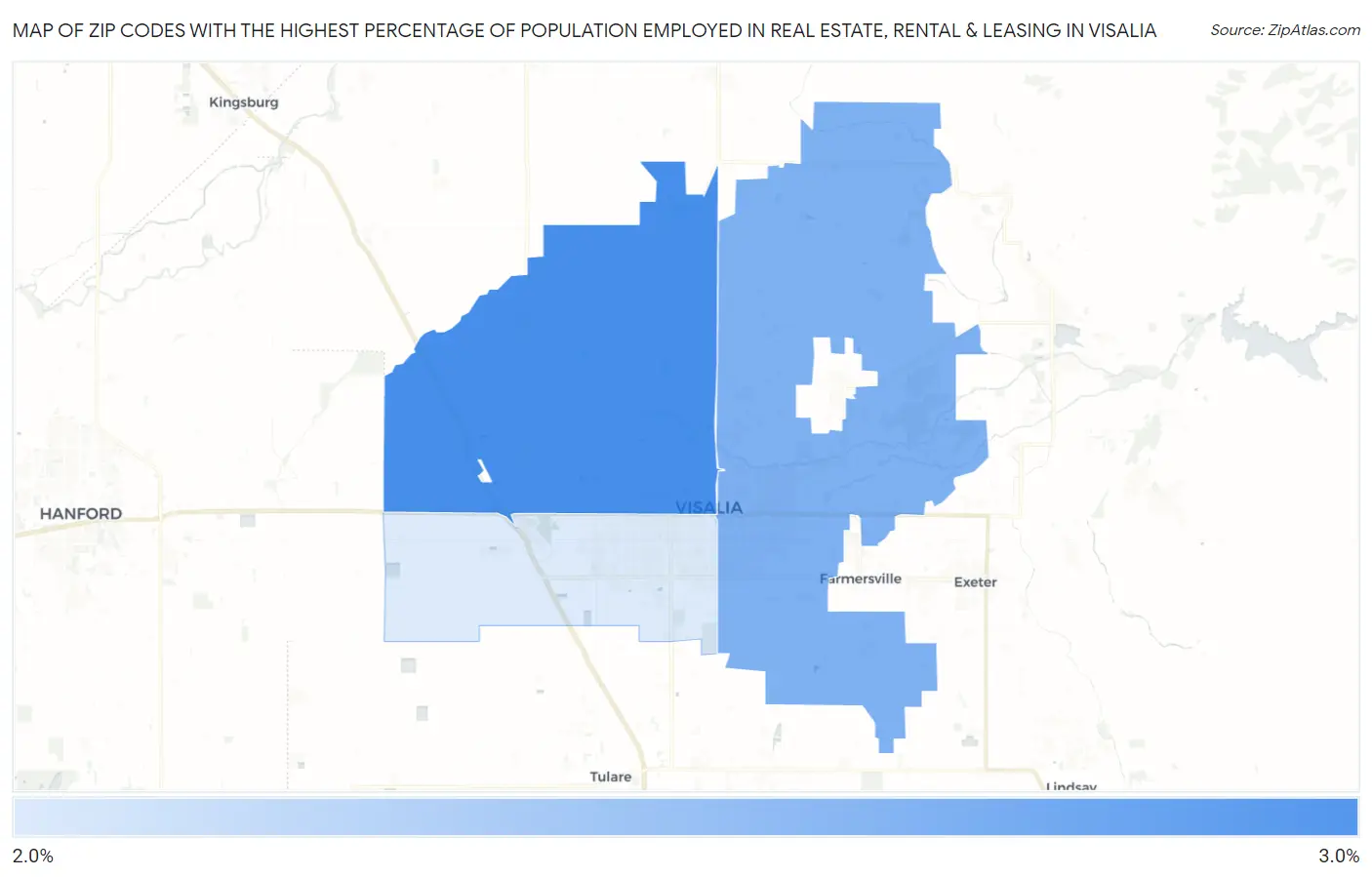 Zip Codes with the Highest Percentage of Population Employed in Real Estate, Rental & Leasing in Visalia Map