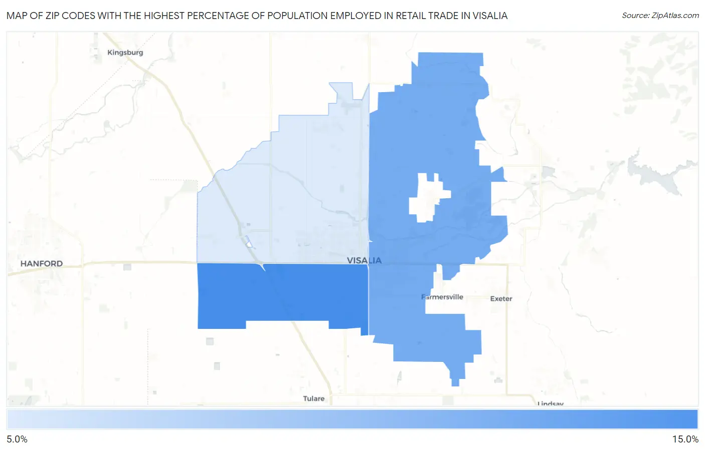 Zip Codes with the Highest Percentage of Population Employed in Retail Trade in Visalia Map