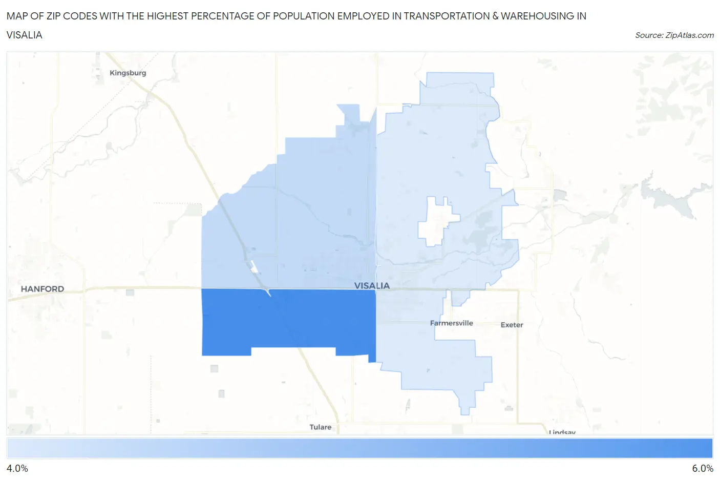 Zip Codes with the Highest Percentage of Population Employed in Transportation & Warehousing in Visalia Map