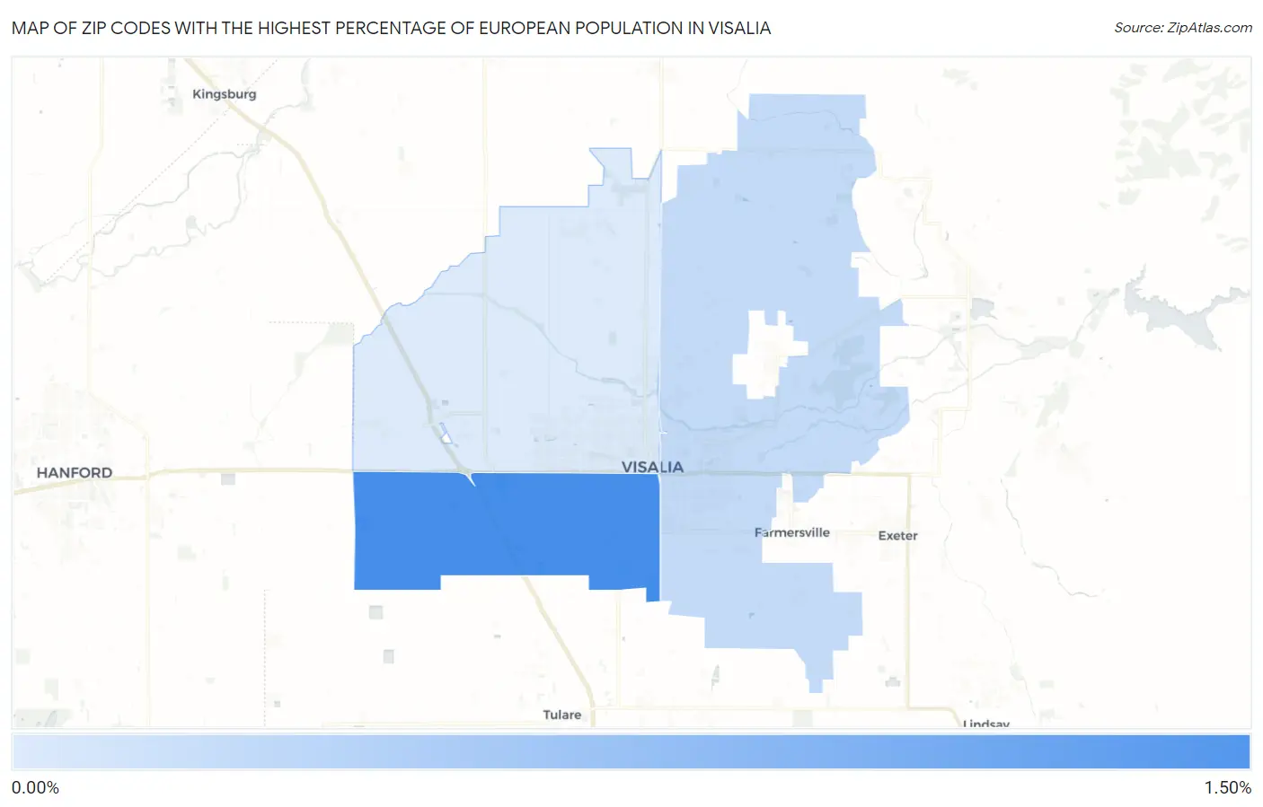 Zip Codes with the Highest Percentage of European Population in Visalia Map