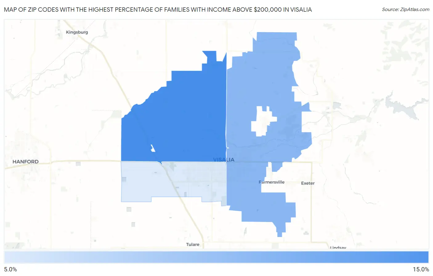 Zip Codes with the Highest Percentage of Families with Income Above $200,000 in Visalia Map