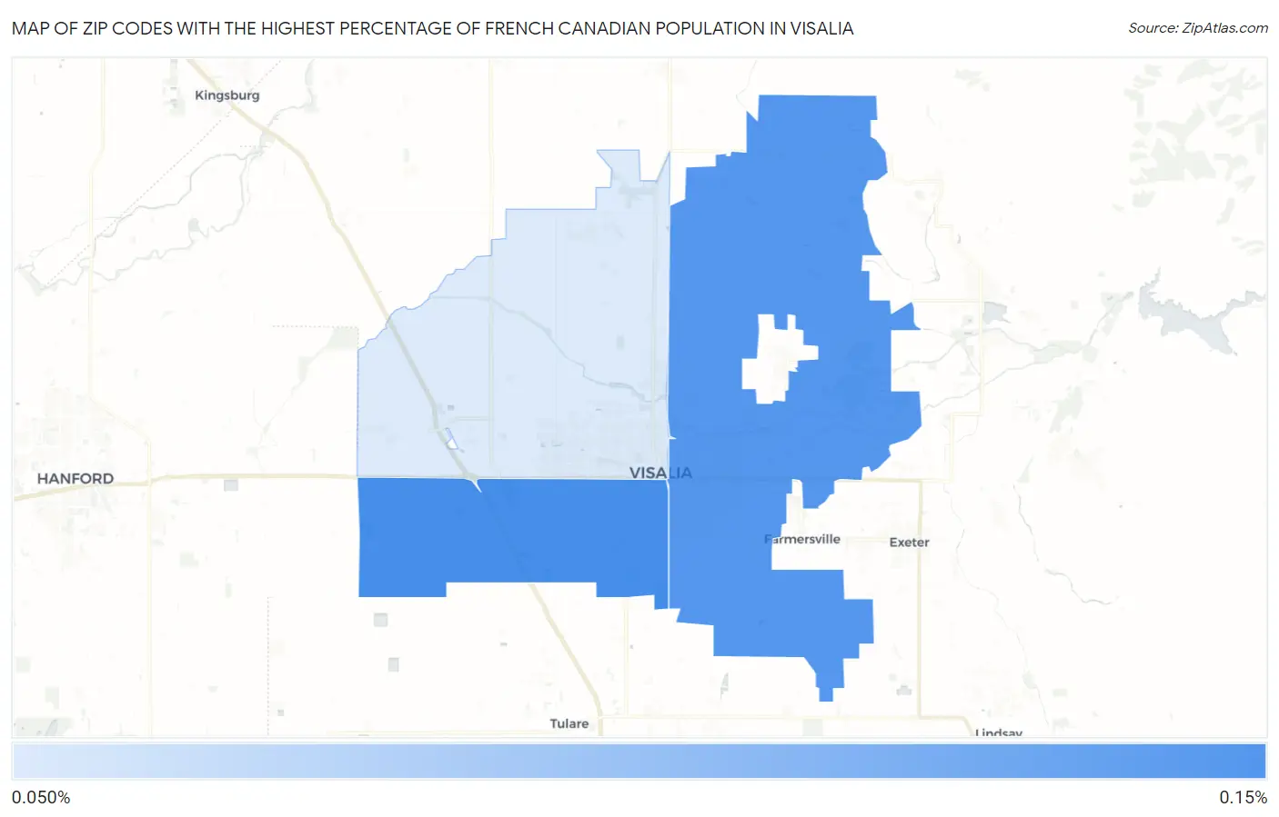 Zip Codes with the Highest Percentage of French Canadian Population in Visalia Map